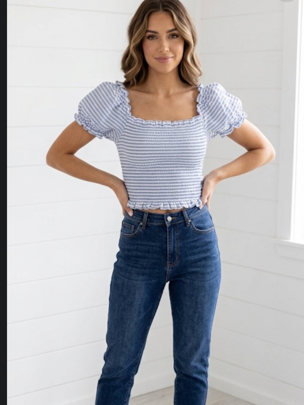 ❤️5/$25 Striped Blue and White Women's Crop Ruffle Stretch Top